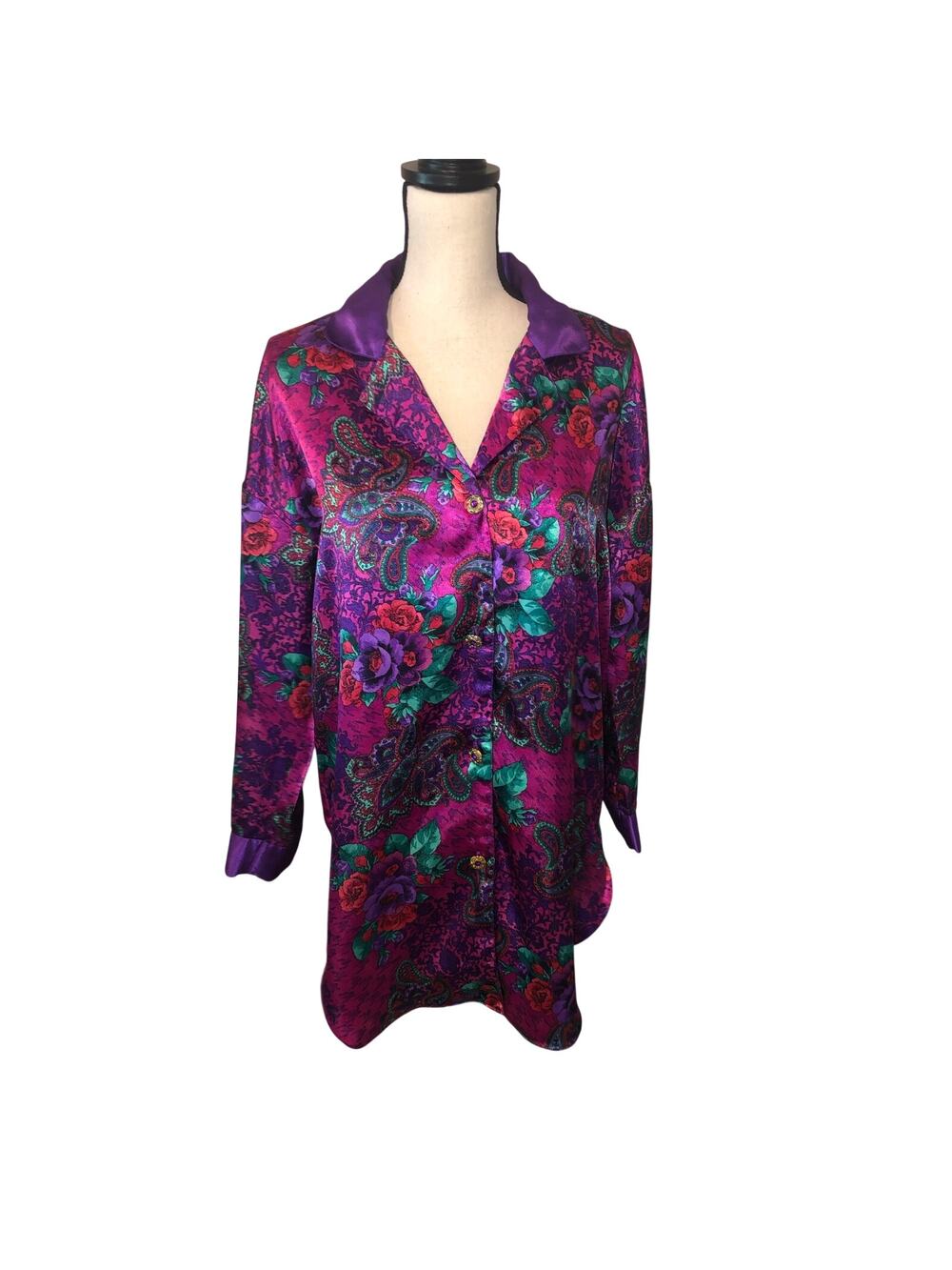 Vintage Victorias Secret Gold Label Sleep Satin Shirt Size S Purple Red Floral